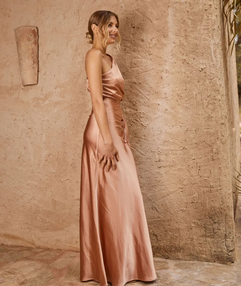 New Six Stories One Shoulder Satin Ruched Bridesmaid Dress - Burnt Peach