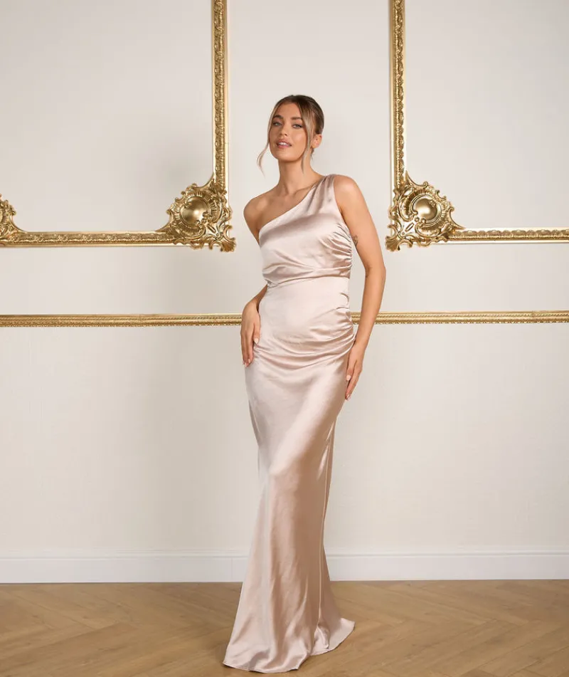 Online Six Stories One Shoulder Satin Ruched Bridesmaid Dress - Oyster