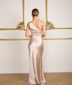 Online Six Stories One Shoulder Satin Ruched Bridesmaid Dress - Oyster