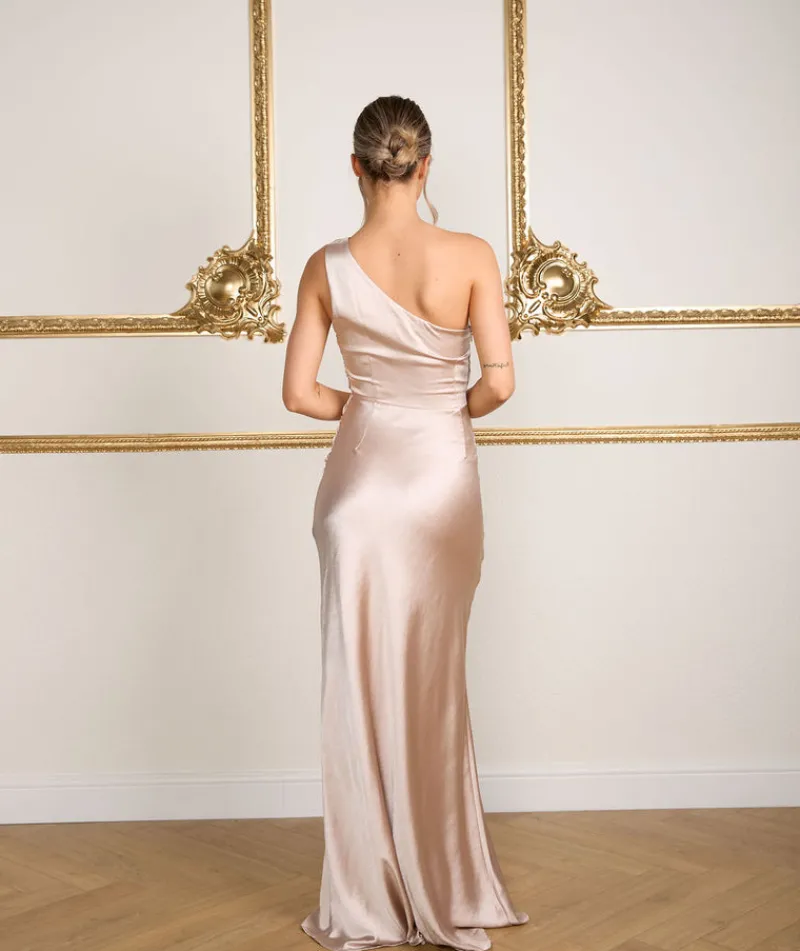 Online Six Stories One Shoulder Satin Ruched Bridesmaid Dress - Oyster