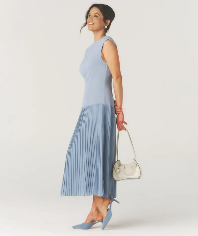 Clearance Six Stories Pleated Cap Sleeve Maxi Dress - Blue