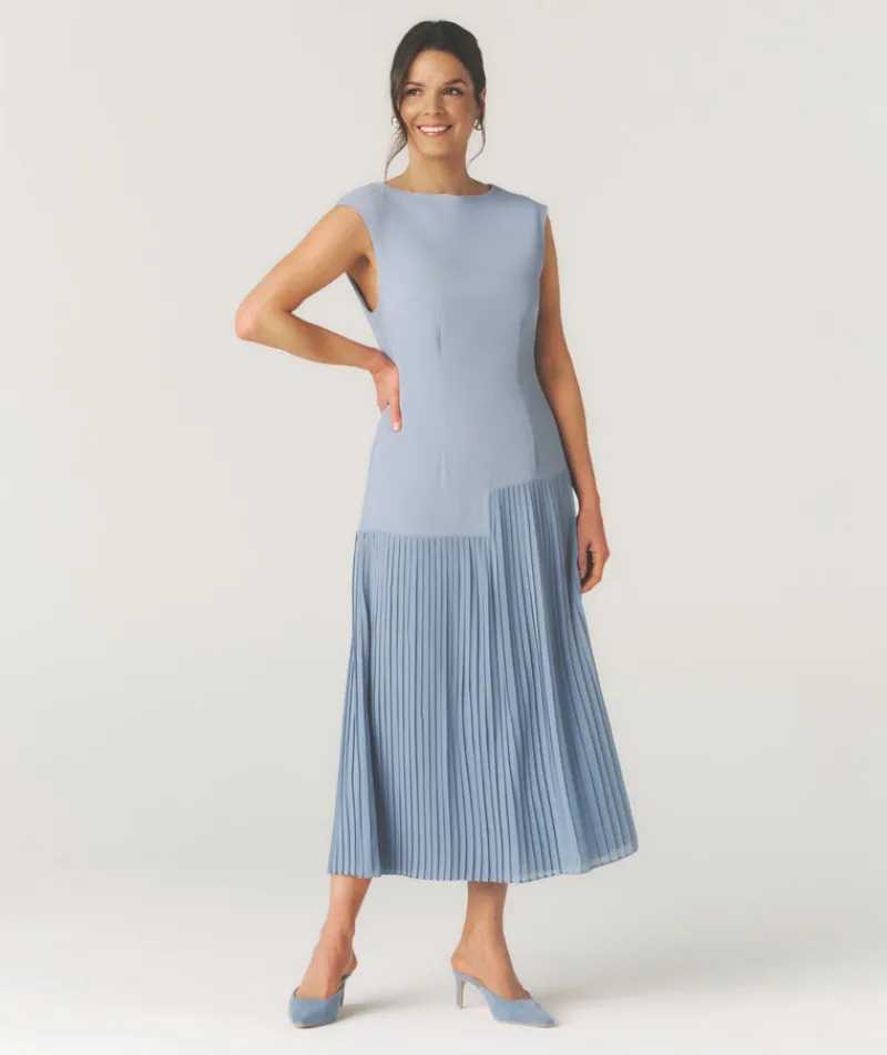 Clearance Six Stories Pleated Cap Sleeve Maxi Dress - Blue