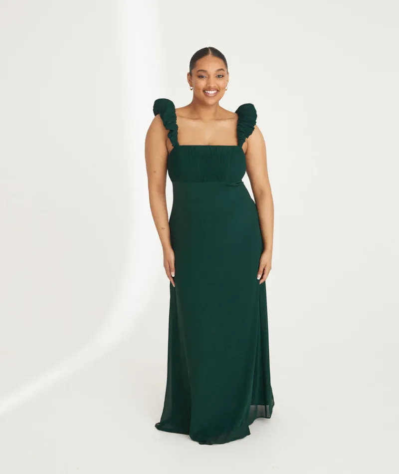 Clearance Six Stories Pleated Statement Shoulder Chiffon Bridesmaid Dress - Emerald