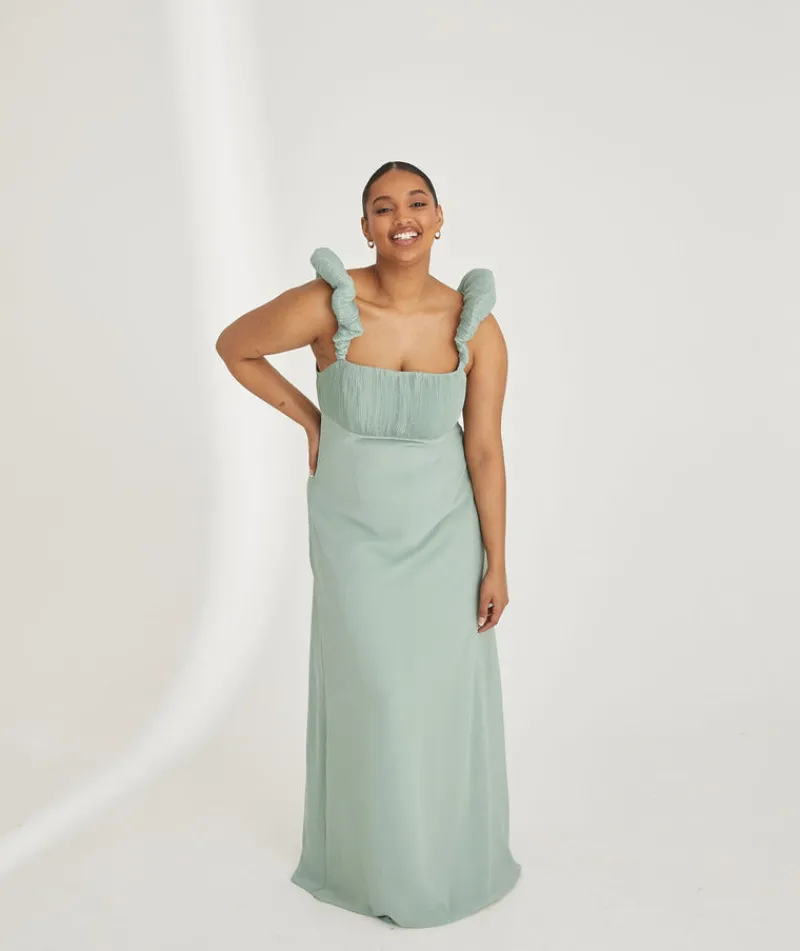 Six Stories Pleated Statement Shoulder Chiffon Bridesmaid Dress - Sage