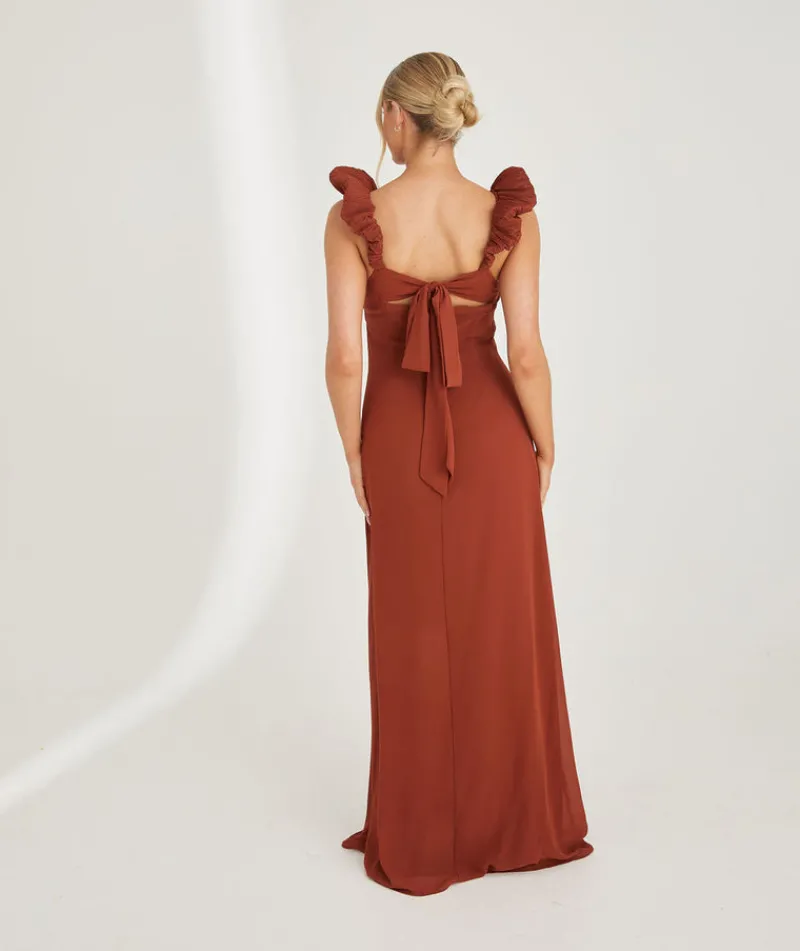 Clearance Six Stories Pleated Statement Shoulder Chiffon Bridesmaid Dress - Rust