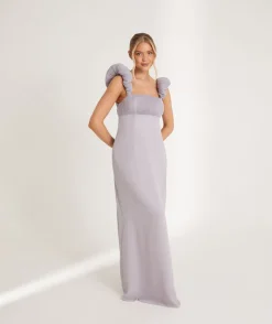 Outlet Six Stories Pleated Statement Shoulder Chiffon Bridesmaid Dress - Dusty Lilac
