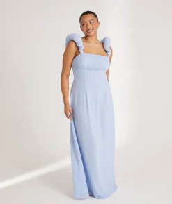 Outlet Six Stories Pleated Statement Shoulder Chiffon Bridesmaid Dress - Cornflower Blue
