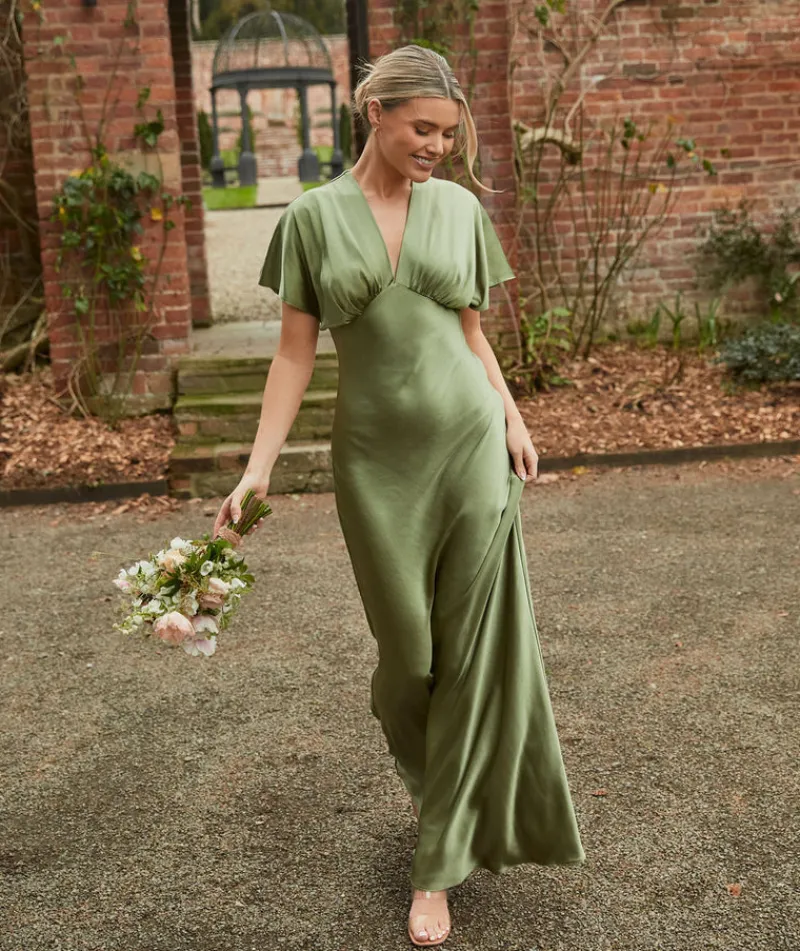 Outlet Six Stories Plunge Batwing Satin Bridesmaid Dress - Moss Green