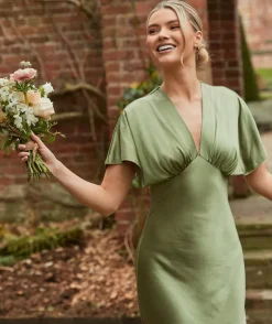 Outlet Six Stories Plunge Batwing Satin Bridesmaid Dress - Moss Green