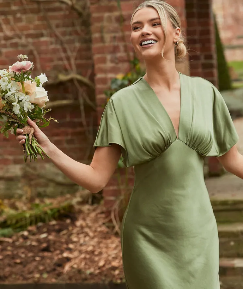 Outlet Six Stories Plunge Batwing Satin Bridesmaid Dress - Moss Green