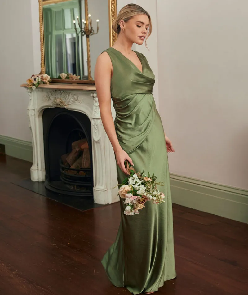 Discount Six Stories Plunge Drape Detail Satin Bridesmaid Dress - Moss Green