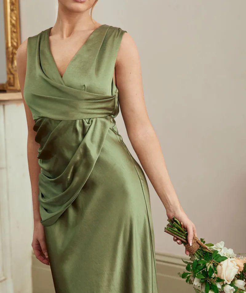 Discount Six Stories Plunge Drape Detail Satin Bridesmaid Dress - Moss Green