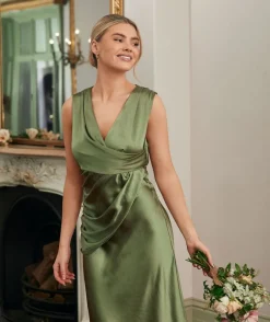 Discount Six Stories Plunge Drape Detail Satin Bridesmaid Dress - Moss Green