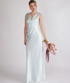 Discount Six Stories Plunge Drape Detail Satin Bridesmaid Dress - Ice Blue