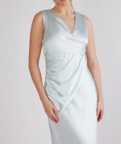 Discount Six Stories Plunge Drape Detail Satin Bridesmaid Dress - Ice Blue