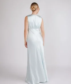 Discount Six Stories Plunge Drape Detail Satin Bridesmaid Dress - Ice Blue
