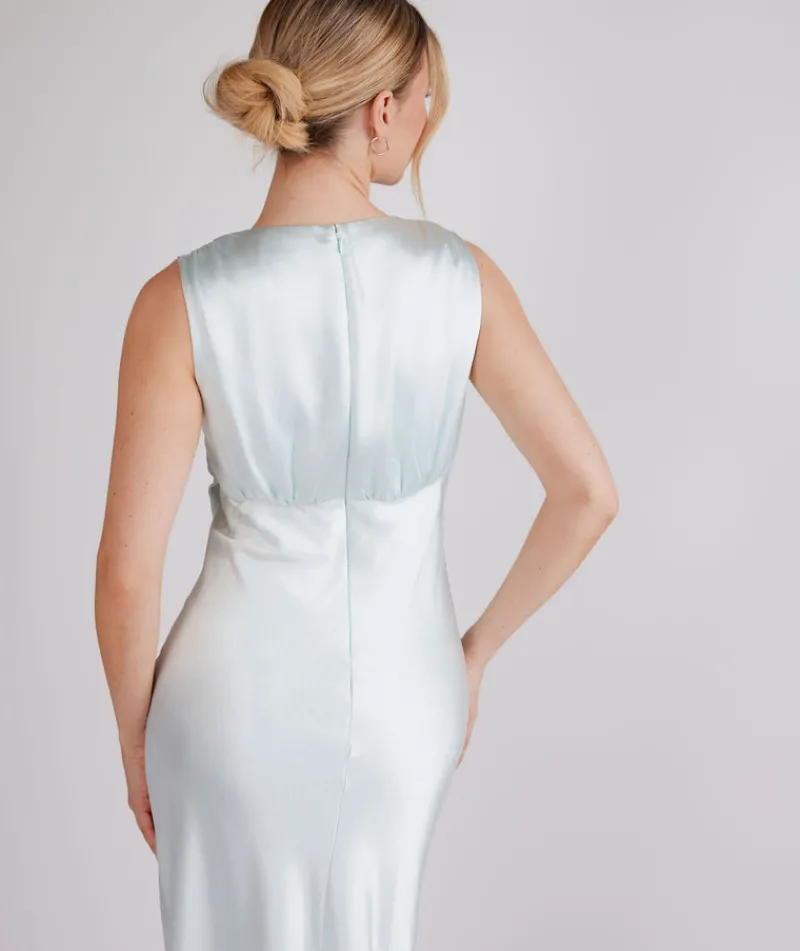 Discount Six Stories Plunge Drape Detail Satin Bridesmaid Dress - Ice Blue