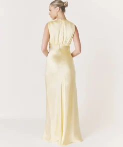 Best Six Stories Plunge Drape Detail Satin Bridesmaid Dress - Butter Lemon