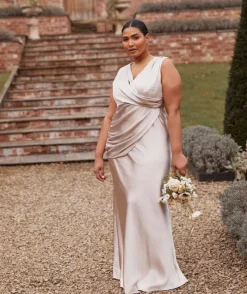 New Six Stories Plunge Drape Detail Satin Bridesmaid Dress - Oyster