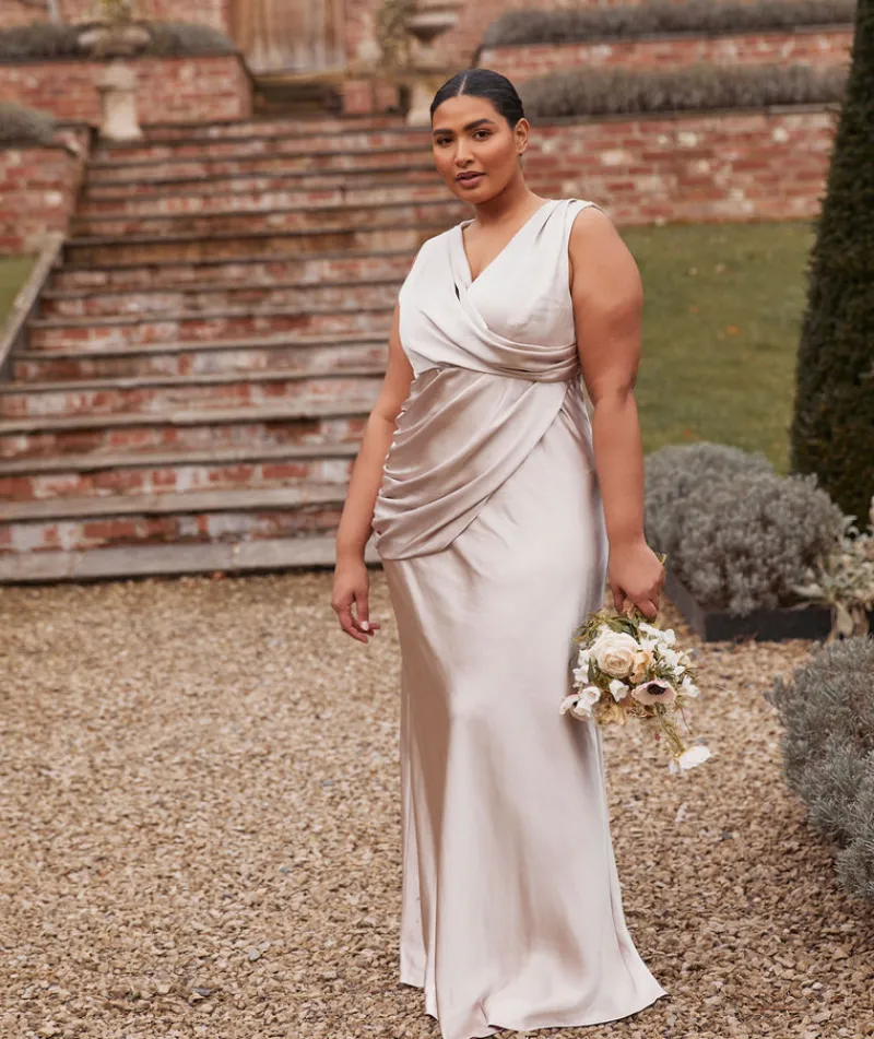 New Six Stories Plunge Drape Detail Satin Bridesmaid Dress - Oyster