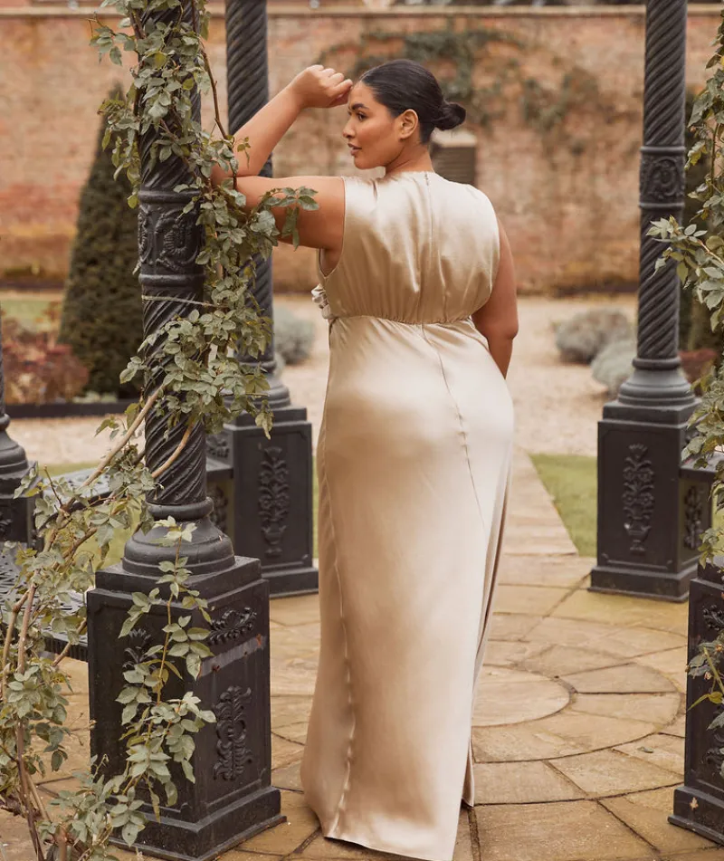 Hot Six Stories Plunge Drape Detail Satin Bridesmaid Dress - Champagne