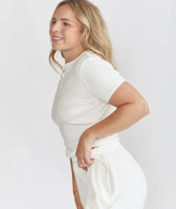 Six Stories Pointelle Short Sleeve Pyjama Top - Coconut