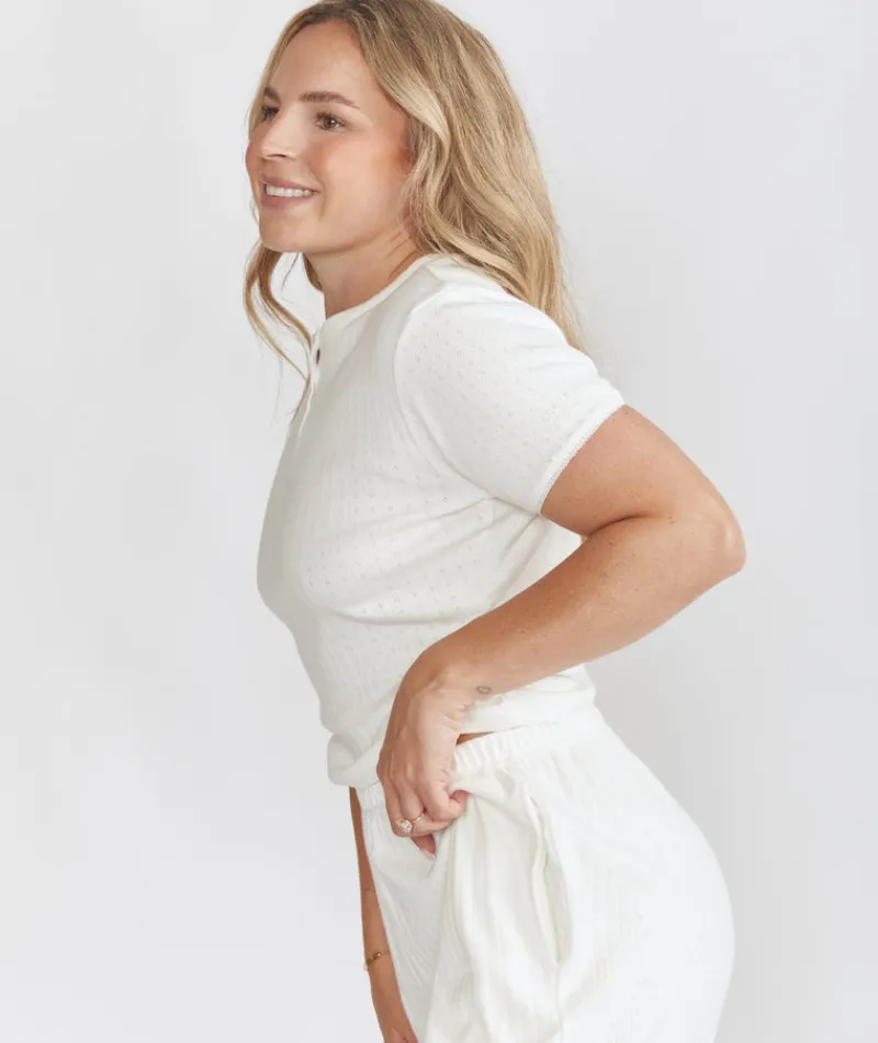 Six Stories Pointelle Short Sleeve Pyjama Top - Coconut