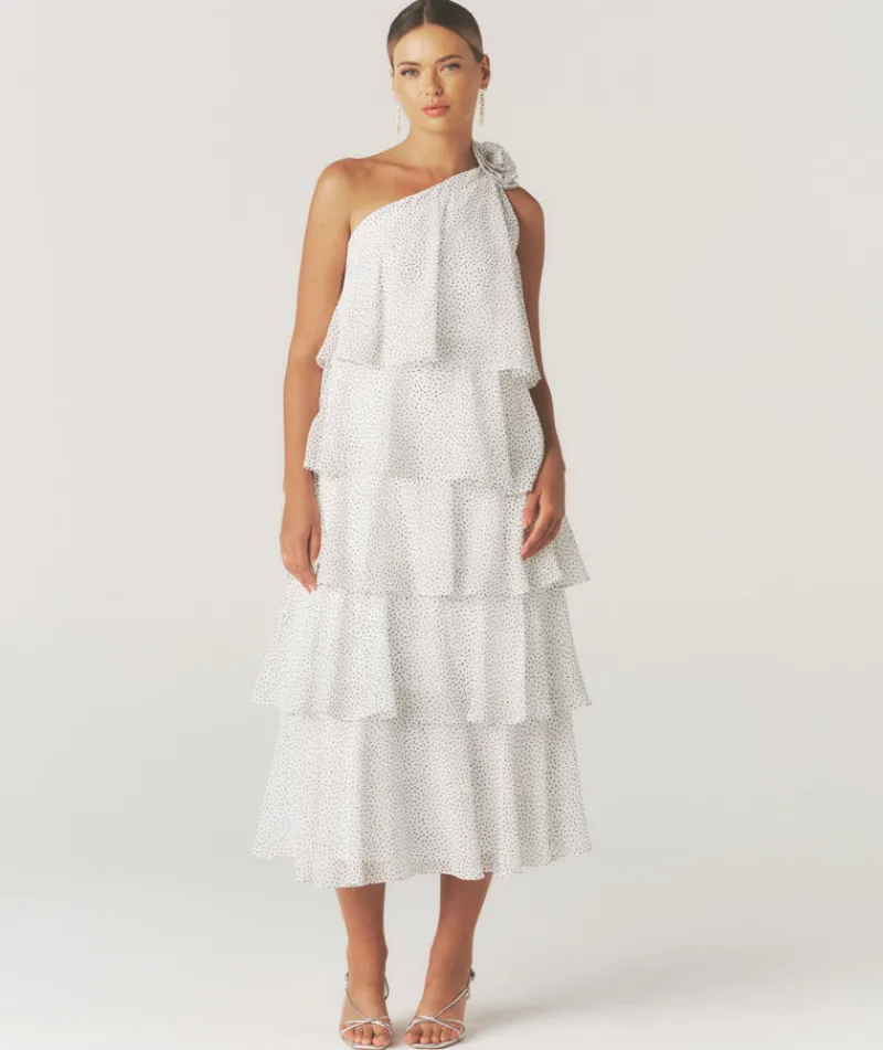 New Six Stories Polka Corsage Tiered Midaxi Dress - White