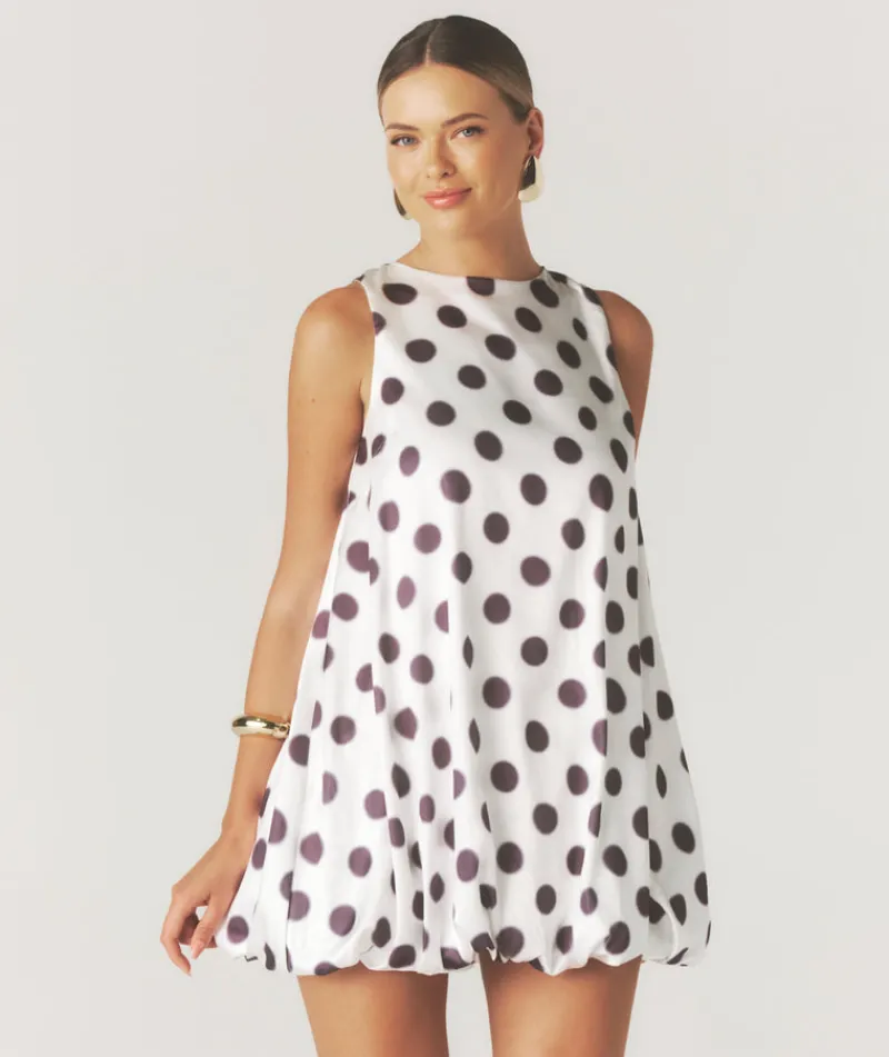 Hot Six Stories Polka Dot Satin Puff Ball Mini Dress - White