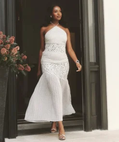Outlet Six Stories Polka Halter Neck Pleated Midaxi Dress - White