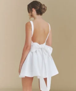 New Six Stories Satin Bow Back Pleated Skirt Mini Dress - White