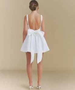 New Six Stories Satin Bow Back Pleated Skirt Mini Dress - White