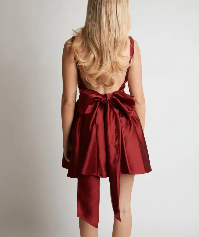 Clearance Six Stories Satin Bow Back Pleated Skirt Mini Dress - Ruby