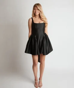 Sale Six Stories Satin Bow Back Pleated Skirt Mini Dress - Black
