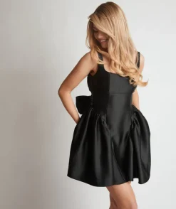 Sale Six Stories Satin Bow Back Pleated Skirt Mini Dress - Black