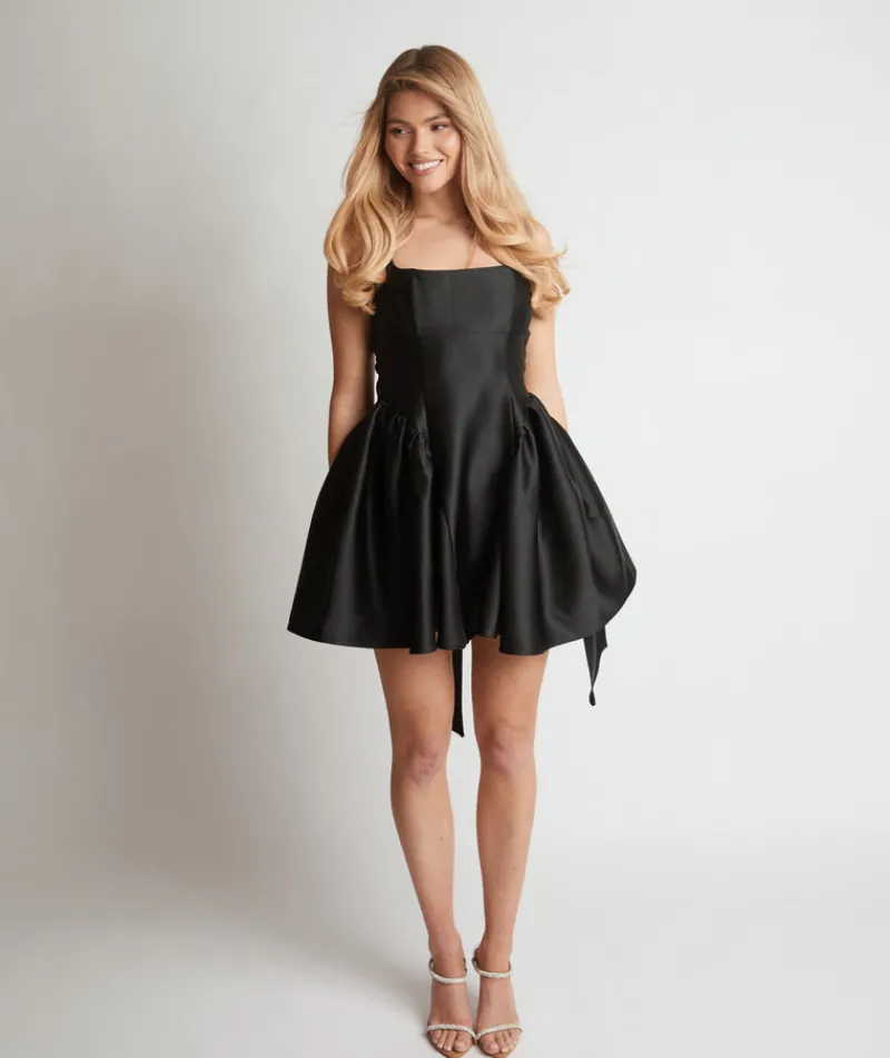 Sale Six Stories Satin Bow Back Pleated Skirt Mini Dress - Black