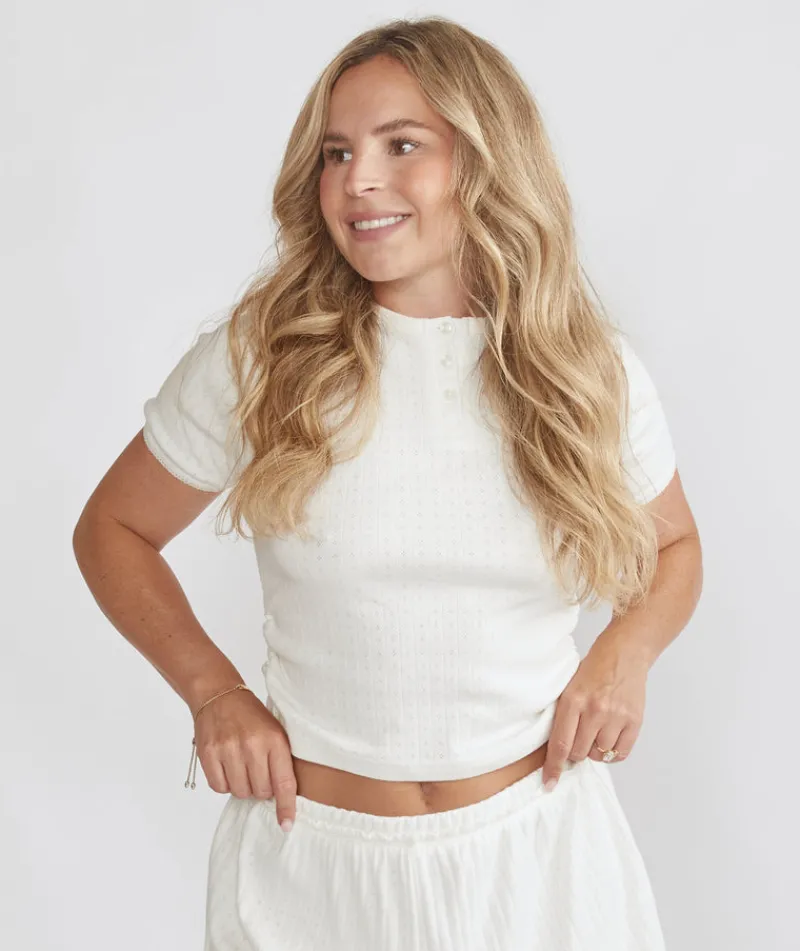 New Six Stories Short Sleeve Pointelle Top & Pointelle Pyjama Short Set - Coconut