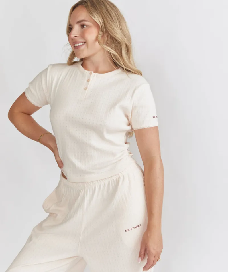 Six Stories Short Sleeve Pointelle Top & Pointelle Pyjama Short Set - Rosewater