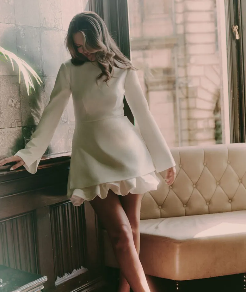 Clearance Six Stories Split Sleeve Bubble Hem Mini Dress - White