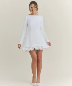 Clearance Six Stories Split Sleeve Bubble Hem Mini Dress - White