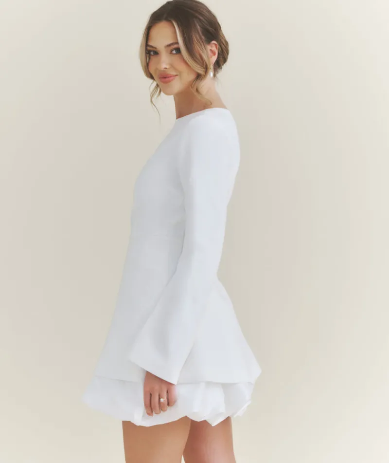 Clearance Six Stories Split Sleeve Bubble Hem Mini Dress - White