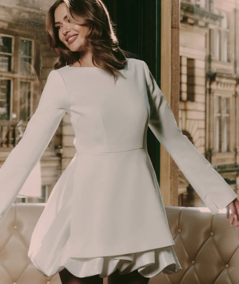 Clearance Six Stories Split Sleeve Bubble Hem Mini Dress - White