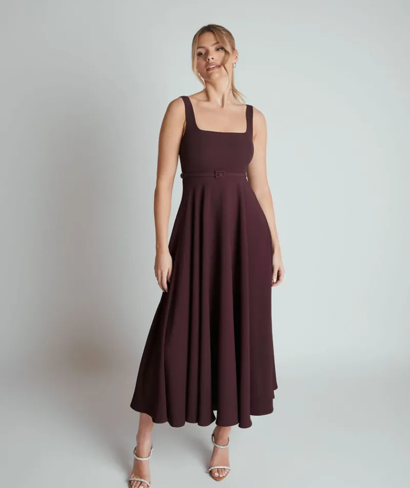 New Six Stories Square Neck Belted Midi Dress - Burgundy