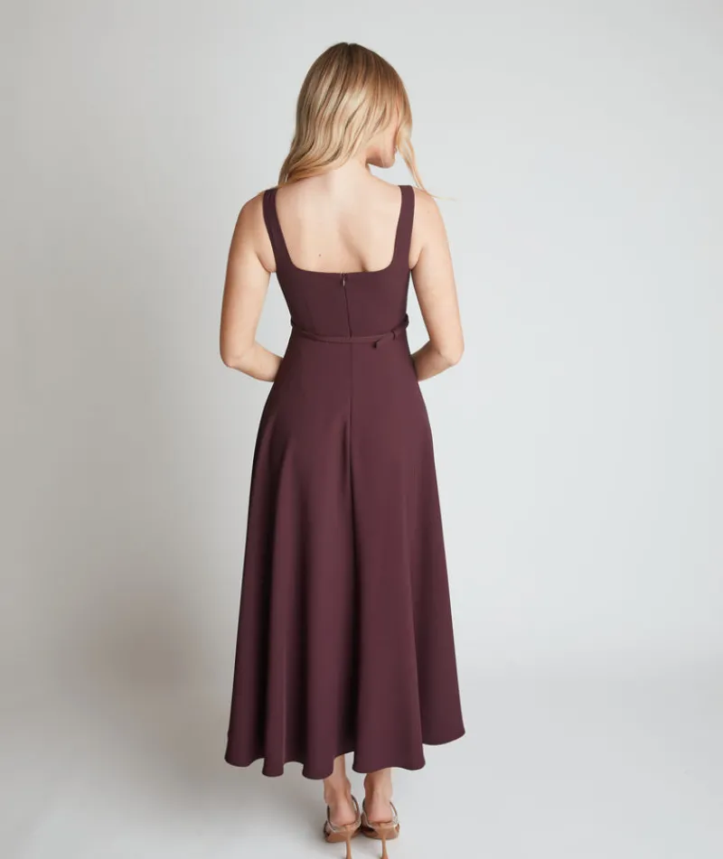 New Six Stories Square Neck Belted Midi Dress - Burgundy