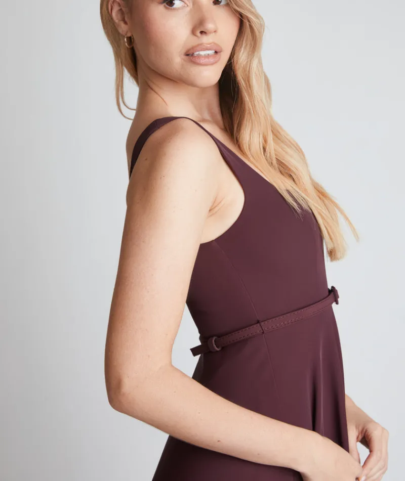 New Six Stories Square Neck Belted Midi Dress - Burgundy