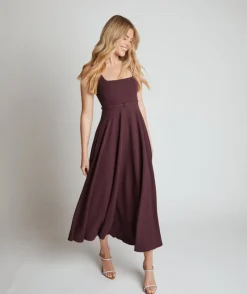 New Six Stories Square Neck Belted Midi Dress - Burgundy