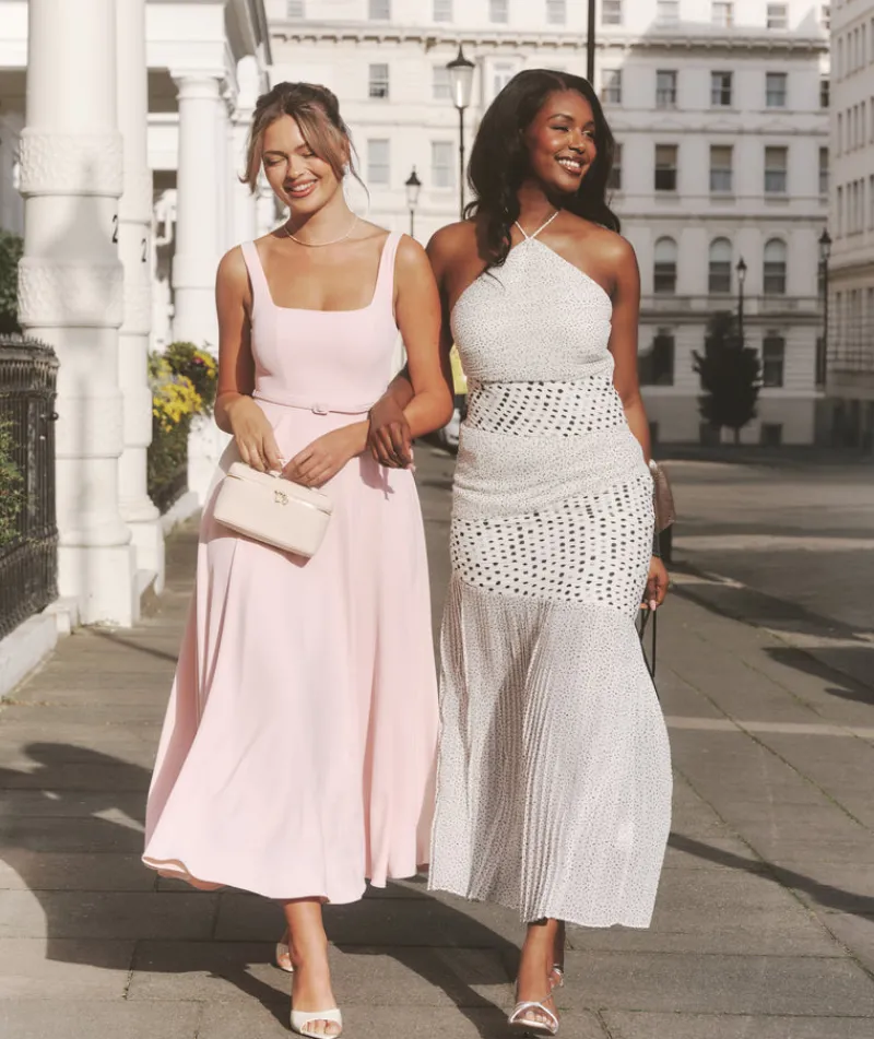 Six Stories Square Neck Belted Midi Dress - Pale Pink