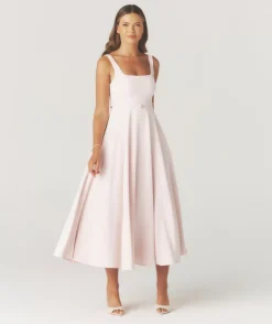 Six Stories Square Neck Belted Midi Dress - Pale Pink