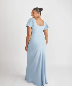 Sale Six Stories Square Neck Flutter Sleeve Crepe Bridesmaid Dress - Pale Blue