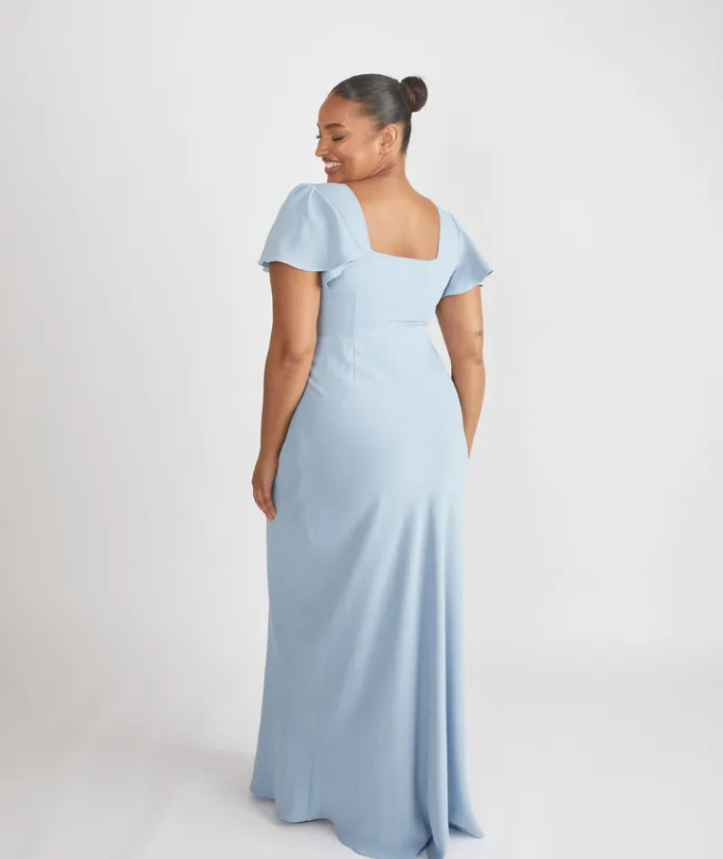 Sale Six Stories Square Neck Flutter Sleeve Crepe Bridesmaid Dress - Pale Blue